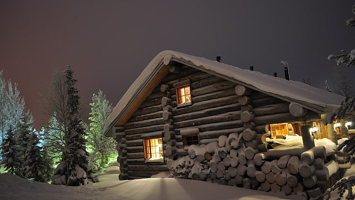 brown wooden lounge, house, landscape, nature, snow, natural light