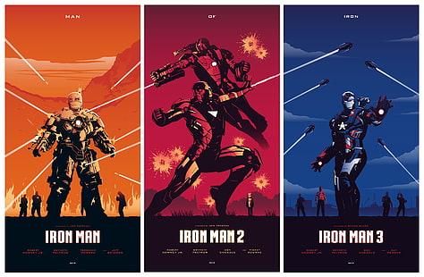 Marvel Comics Iron Man 1, 2, and 3 illustration collage, movies HD wallpaper