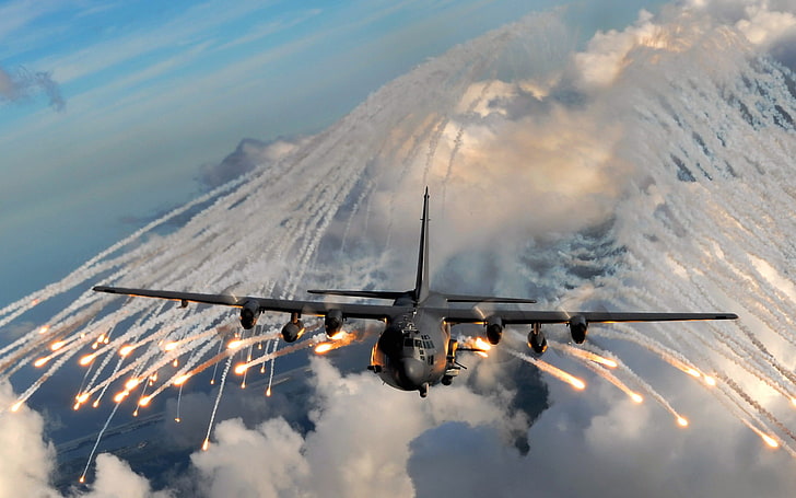 black military aircraft illustration, flares, flying, air vehicle, HD wallpaper