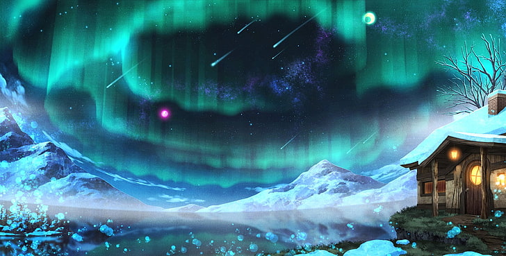Anime, Original, Aurora Borealis, House, Landscape, Mountain