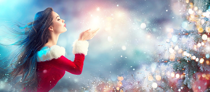 women's red sweater, look, smile, mood, woman, Christmas, maiden, HD wallpaper