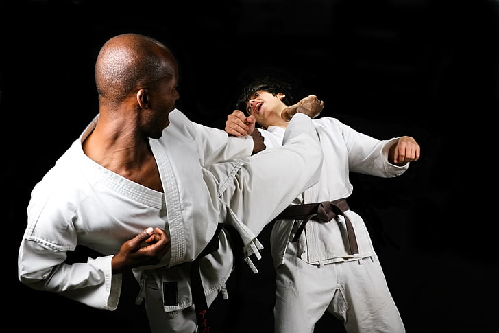 white karate ji, fight, training, kick, men, studio shot, black background, HD wallpaper