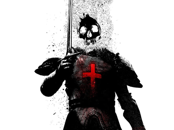 white background, skull, knight, Alex Cherry