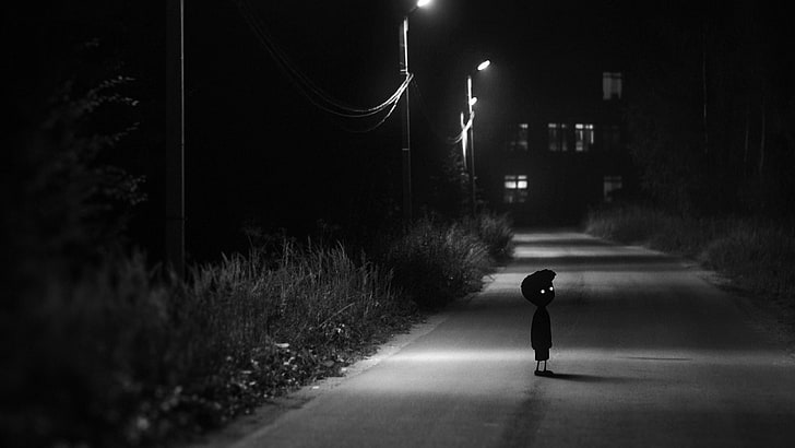 cement road, Limbo, one person, night, full length, illuminated