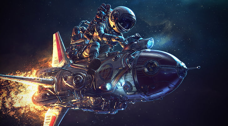 spaceship illustration, astronaut riding on spacecraft on space