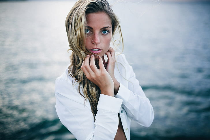 blonde, blue eyes, open mouth, white shirt, open clothes, hand on face