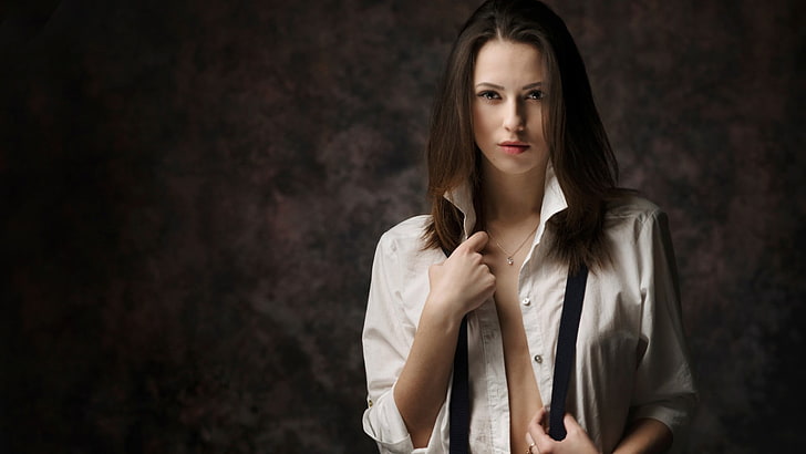 women's white button-up shirt, model, brunette, long hair, face