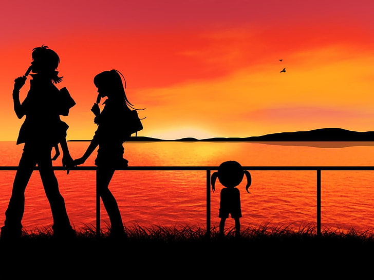 anime, sunset, silhouette, holding hands, anime girls, sky