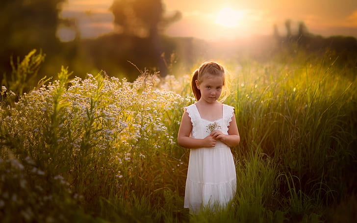 Cute white dress girl, summer, grass, field