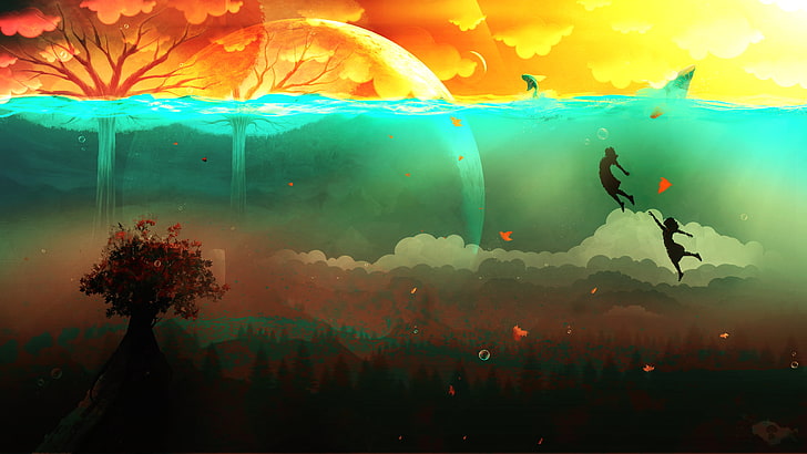 tress and two person in underwater during golden hour illustration, two women under water illustration, HD wallpaper