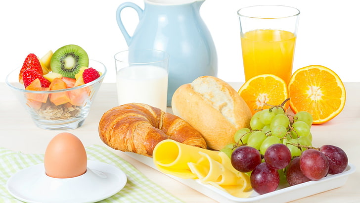 pastries and fruits, breakfast, juice, grapes, eggs, croissants