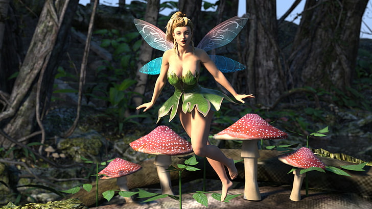 Tinker Bell, forest, chest, look, girl, trees, wings, fairy, blonde, HD wallpaper