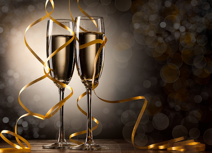two clear champagne glasses, tape, holiday, Christmas, Happy New Year, HD wallpaper