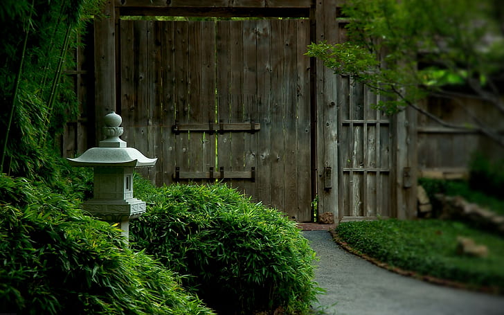 Nature, Japanese Garden, Japan, Plants, Wooden Door, brown wooden door and grey concrete miniature house, HD wallpaper