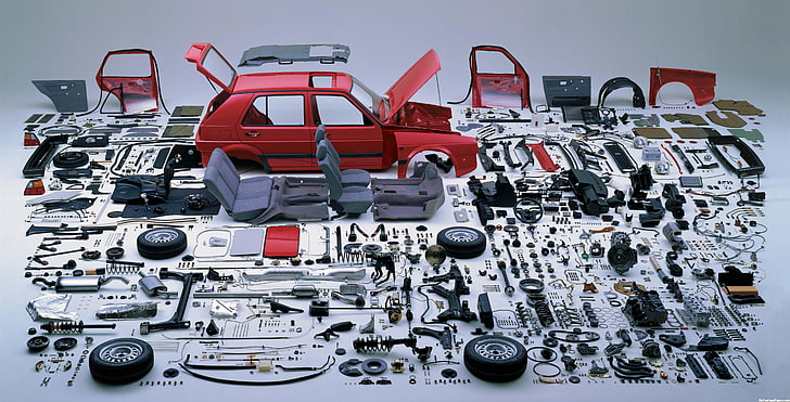 red car pars, Volkswagen, Golf GTI, vehicle, disassembled, mode of transportation