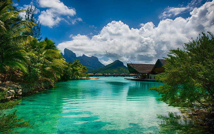 island, resort, clouds, Bora Bora, French Polynesia, mountains, HD wallpaper