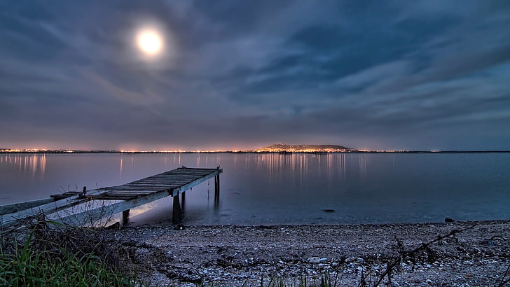 white wooden seashore port, night, lights, beach, Moon, sky, water