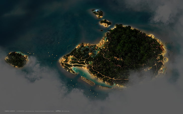 brown island, digital art, CGI, nature, landscape, sea, trees