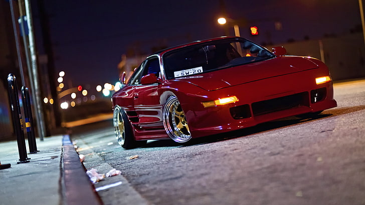 red coupe, road, night, lights, street, Toyota, mr2, car, transportation