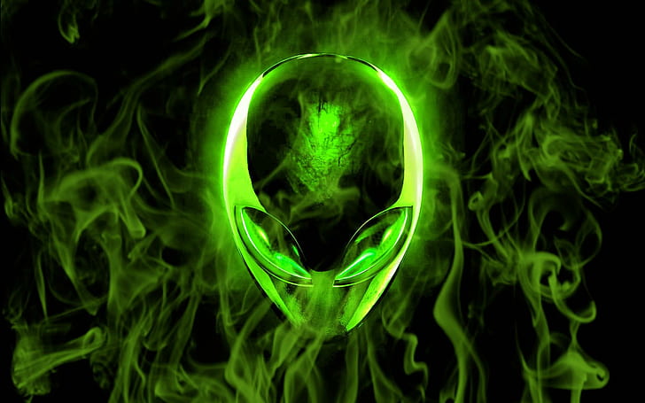 Flame Alien, green alienware logo, worlds, space, aliens, eyes