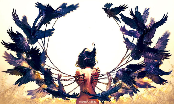 women dark hair long hair back digital art birds crow raven painting artwork chains rear view flying