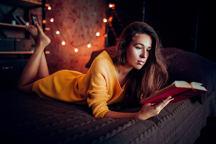 Anton Shabunin, women, legs up, barefoot, reading, books, young adult, HD wallpaper