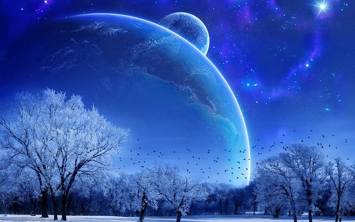 planet landscape winter digital art moon brids, tree filled with snow
