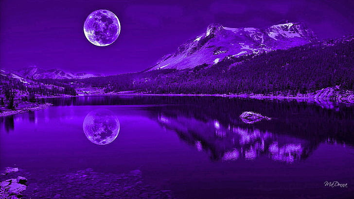 Purple Nights Reflection, full moon, mysterious, lake, mountains