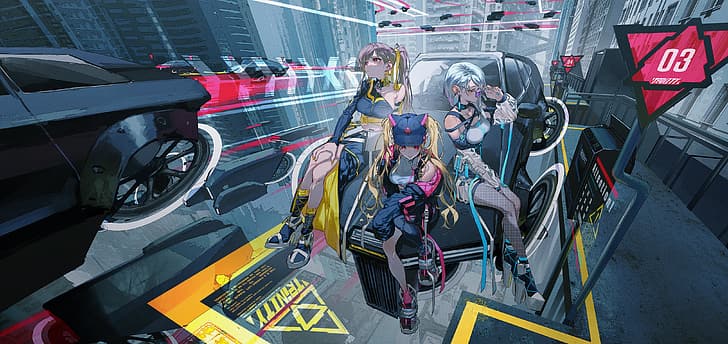 Rolua Noa, anime, anime girls, cyberpunk, sitting, legs