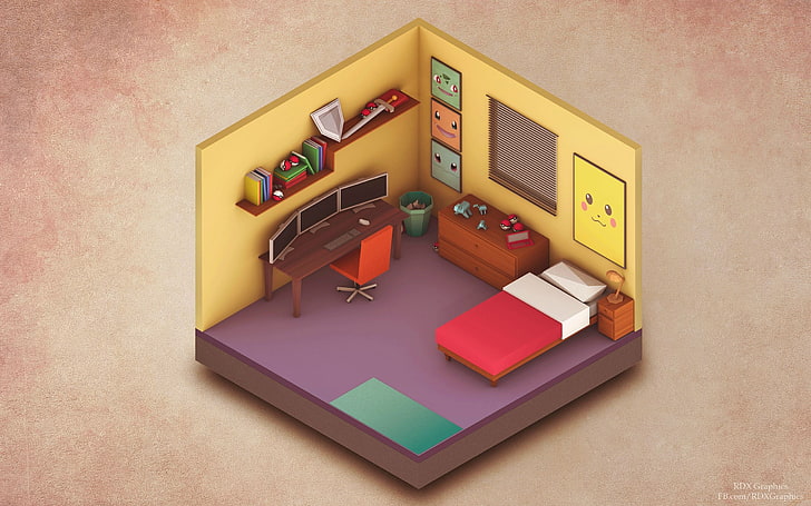 bedroom illustration, isometric, indoors, no people, still life, HD wallpaper