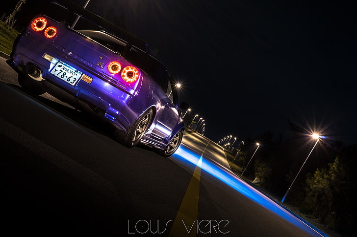 Nissan Skyline GT-R R34, car, night, illuminated, lighting equipment, HD wallpaper