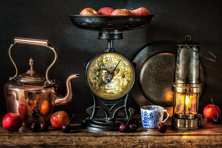 still life, cup, apples, food, cherries, fruit, table, indoors