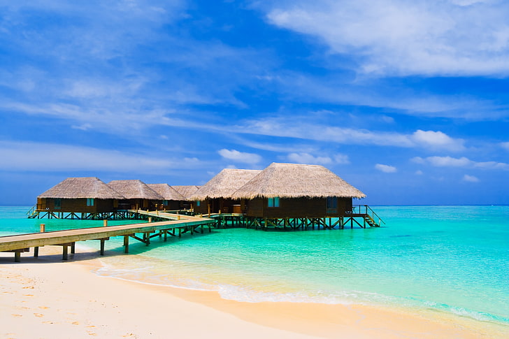 brown nipa huts, maldives, tropical, beach, sky, sea, vacations, HD wallpaper
