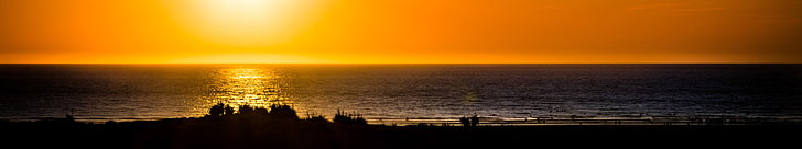 landscape, triple screen, sunset, sky, water, sea, horizon, HD wallpaper