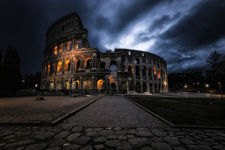 architecture, building, old building, lights, Colosseum, HD wallpaper