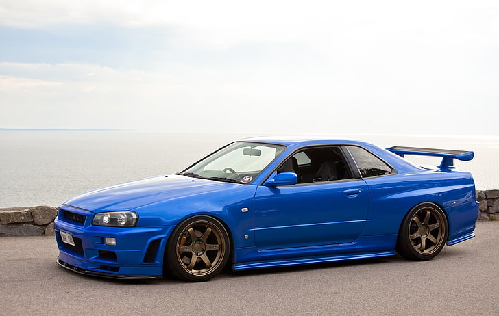 blue Nissan GTR coupe, skyline, Nissan Skyline GT-R R34, JDM, HD wallpaper
