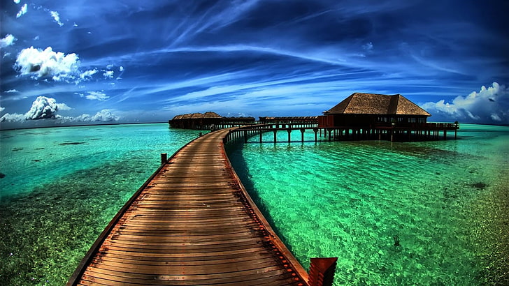 brown wooden dock, sea, water, sky, cloud - sky, scenics - nature, HD wallpaper