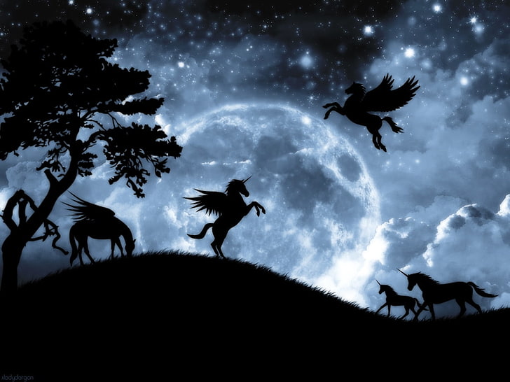 Hd Wallpaper Fantasy Night Luna Luminos Unicorn Horse Silhouette Pegasus Wallpaper Flare