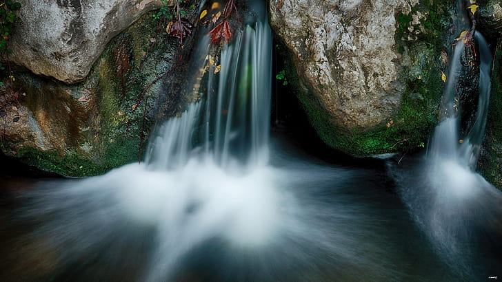 time lapsed photo of waterfalls, Entre, dos, Río, Aire libre, HD wallpaper