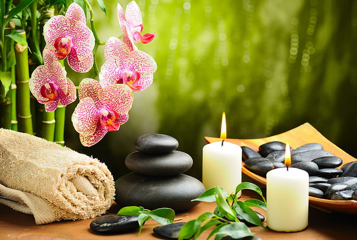 Orchid Flowers, stones, candles, HD wallpaper