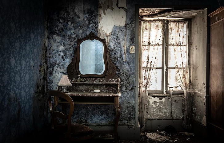 room, mirror, old, interior, ruin