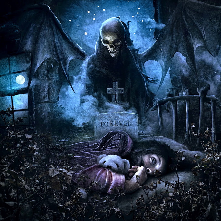 woman in bed with reaper background illustration, Avenged Sevenfold