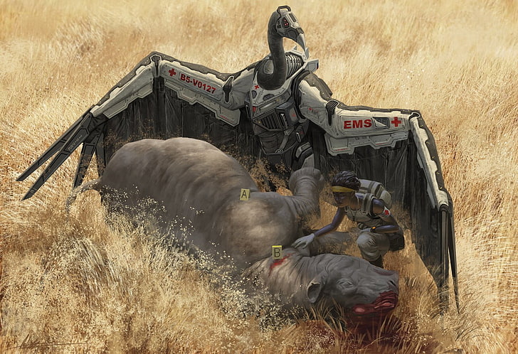 digital poster of robotic vulture in front of hippopotamus, vultures