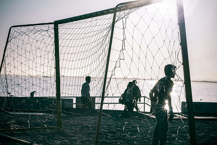 beach, football, goal, goalie, goalkeeper, net, people, sand