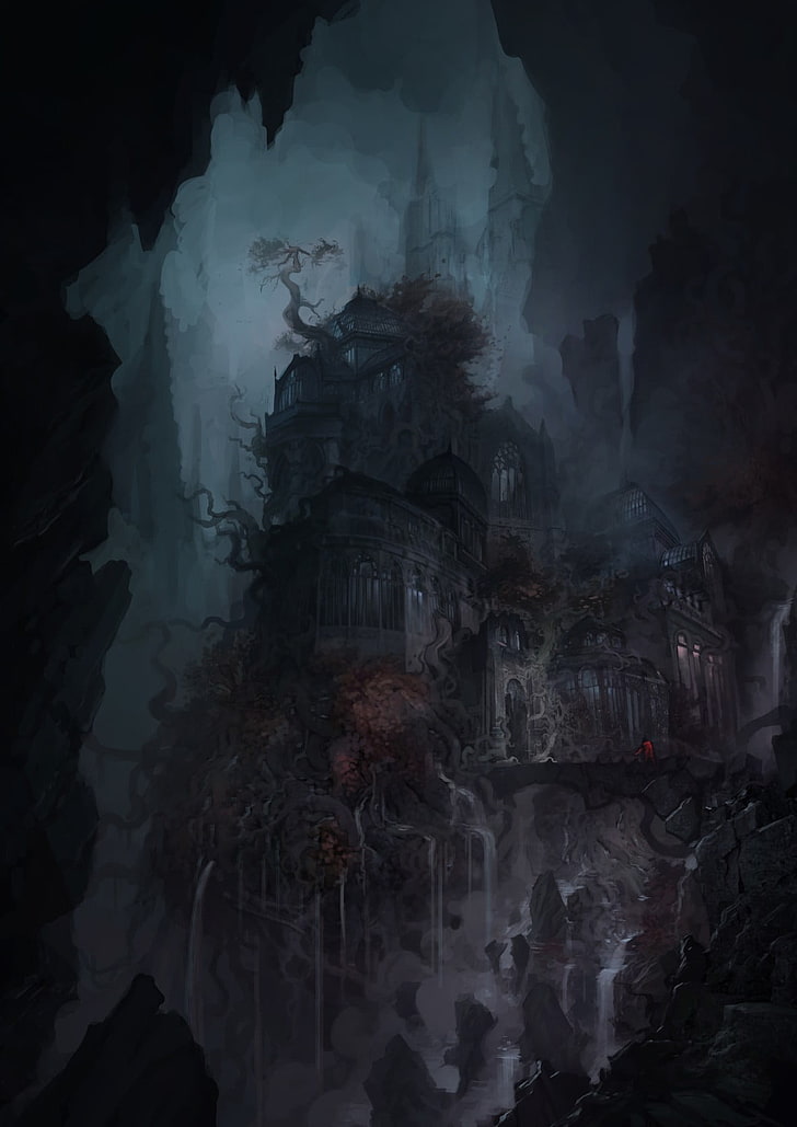 black hunted house painting, video games, concept art, Castlevania, HD wallpaper