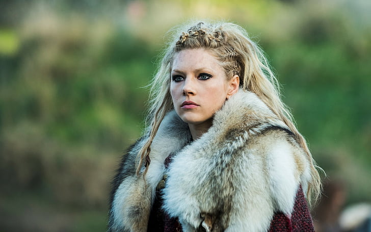 closeup photography of woman from the Vikings TV series in fur coat