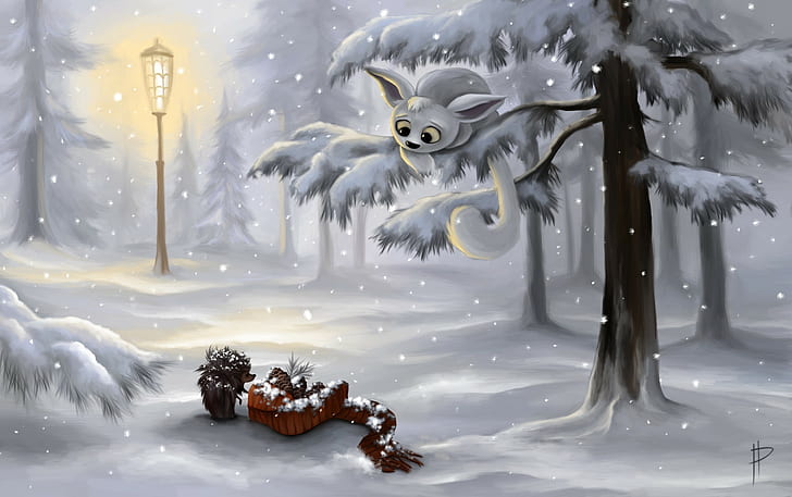fantasy art, winter, lantern, HD wallpaper