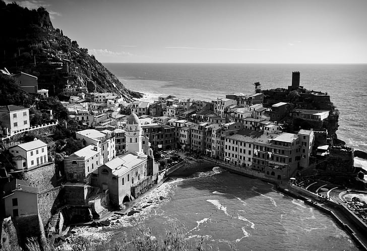 gray scale photo of city view beside sea, vernazza, vernazza, HD wallpaper