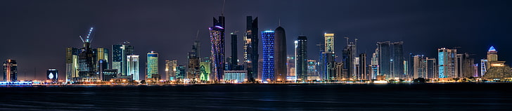 assorted-color buildings, night, lights, Qatar, Doha, urban Skyline