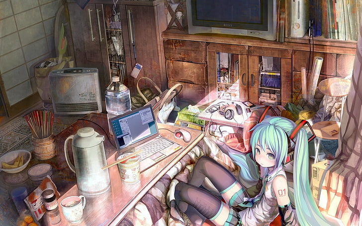 Hatsune Miku sitting in front of table illustration, girl, room